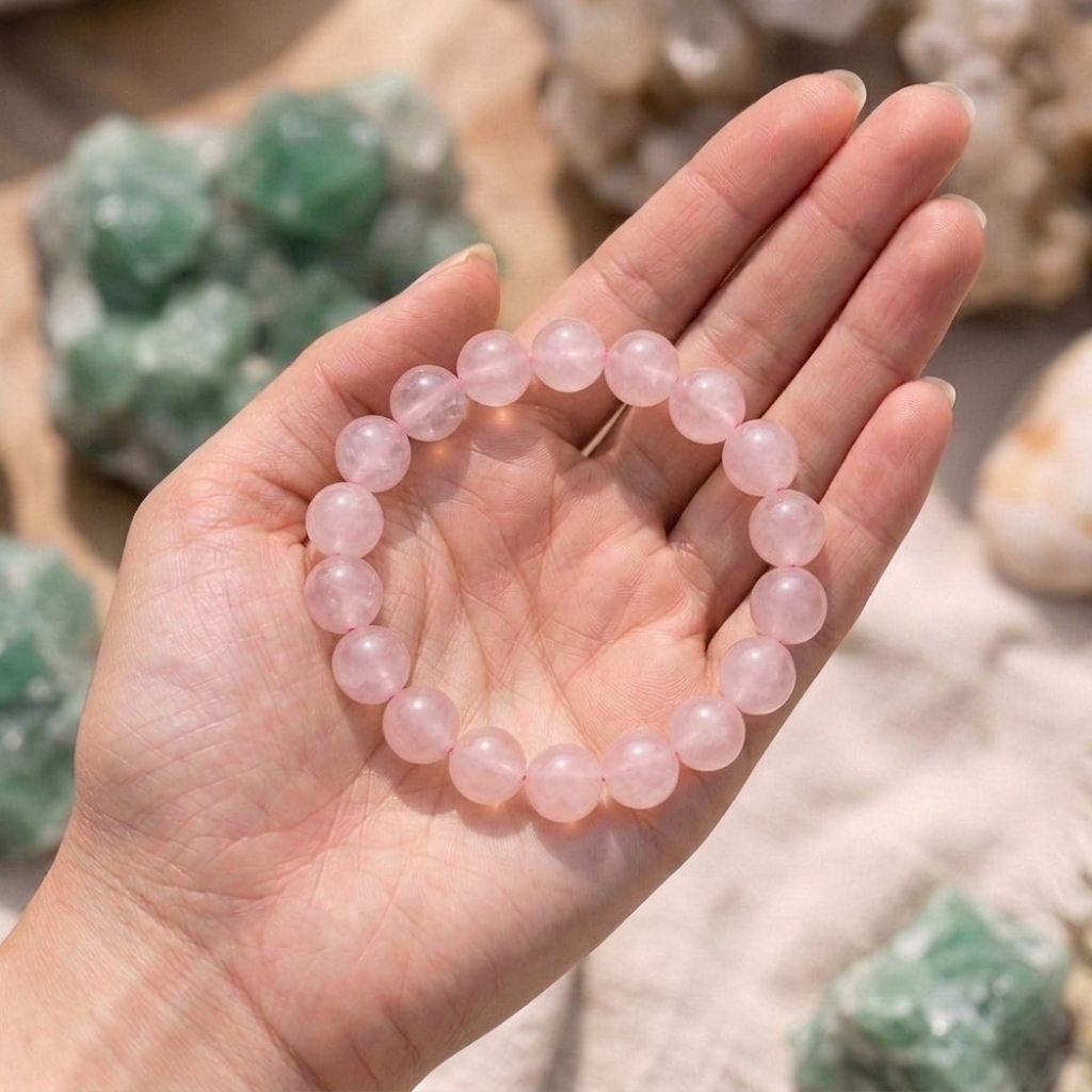 Natural Rose Quartz crystal bracelet featuring polished, translucent soft pink beads on a clear stretch cord from lakshya gems