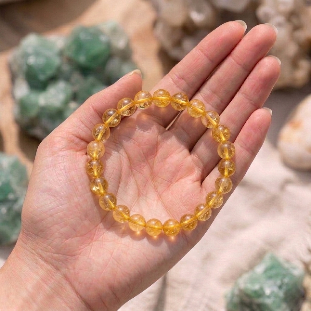 Natural Citrine crystal bracelet featuring polished, transparent golden-yellow beads on a clear stretch cord from lakshya gems