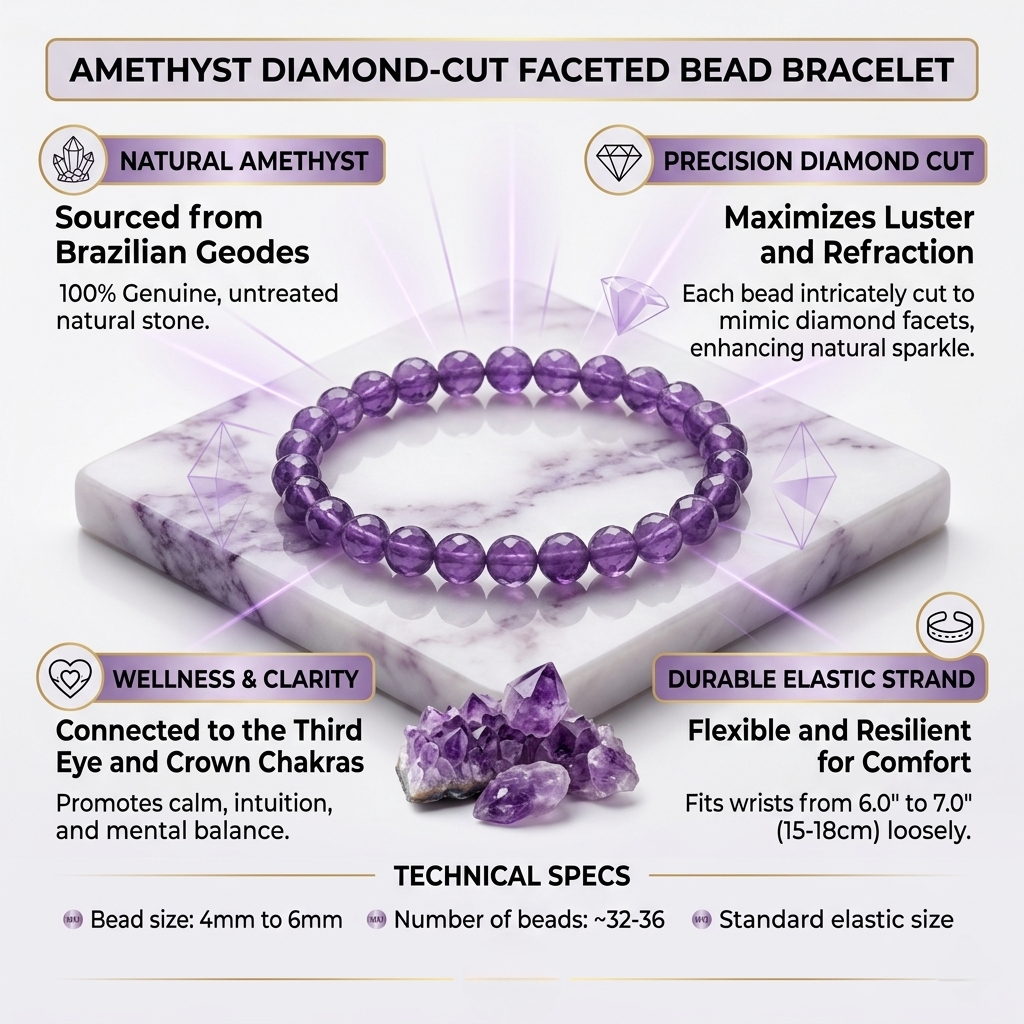 Natural Amethyst crystal bracelet featuring polished, deep purple translucent beads on a stretch cord from lakahya gems