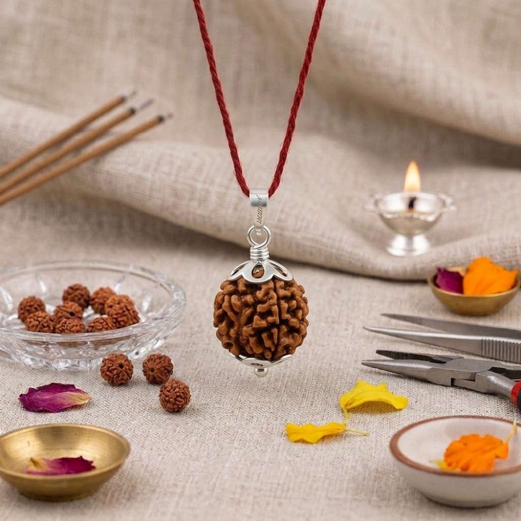 Authentic 4 Mukhi Nepali Rudraksha bead with four distinct natural grooves and a high-quality dark brown finish from lakshya gems mumbai