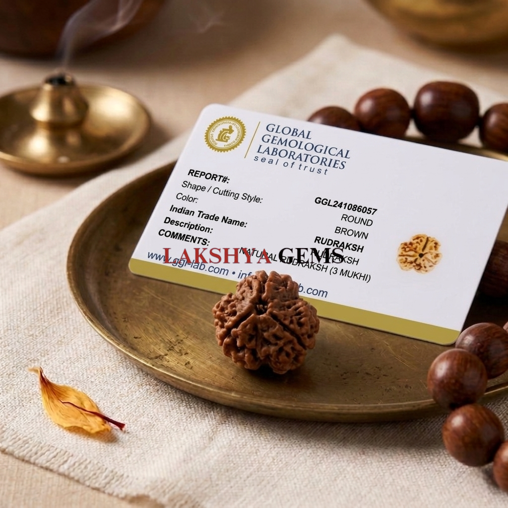 Authentic 3 Mukhi Nepali Rudraksha bead with three distinct natural grooves and a rich dark brown finish from lakshya gems mumbai