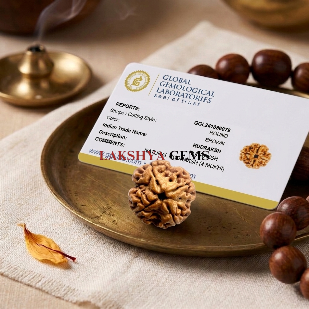 Authentic 4 Mukhi Nepali Rudraksha bead with four distinct natural grooves and a high-quality dark brown finish from lakshya gems mumbai