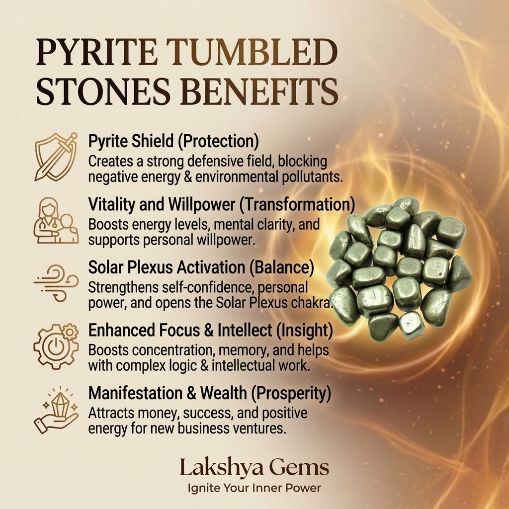 A collection of polished Pyrite crystal tumbles showing a brilliant metallic gold luster and high-density weight.