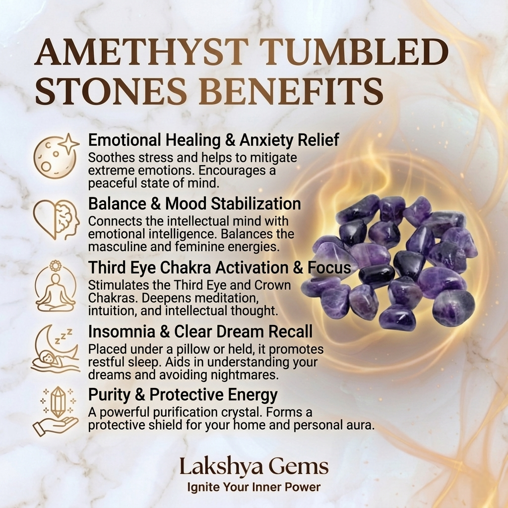 A collection of polished Amethyst crystal tumbles featuring vibrant violet and deep purple translucent colors