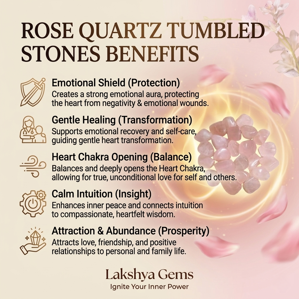 A collection of polished Rose Quartz crystal tumbles featuring a soft pink color and translucent luster.