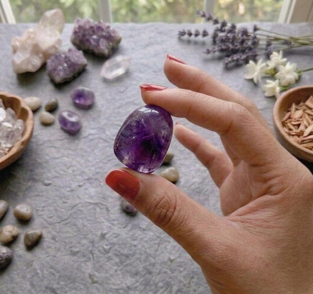 A collection of polished Amethyst crystal tumbles featuring vibrant violet and deep purple translucent colors.