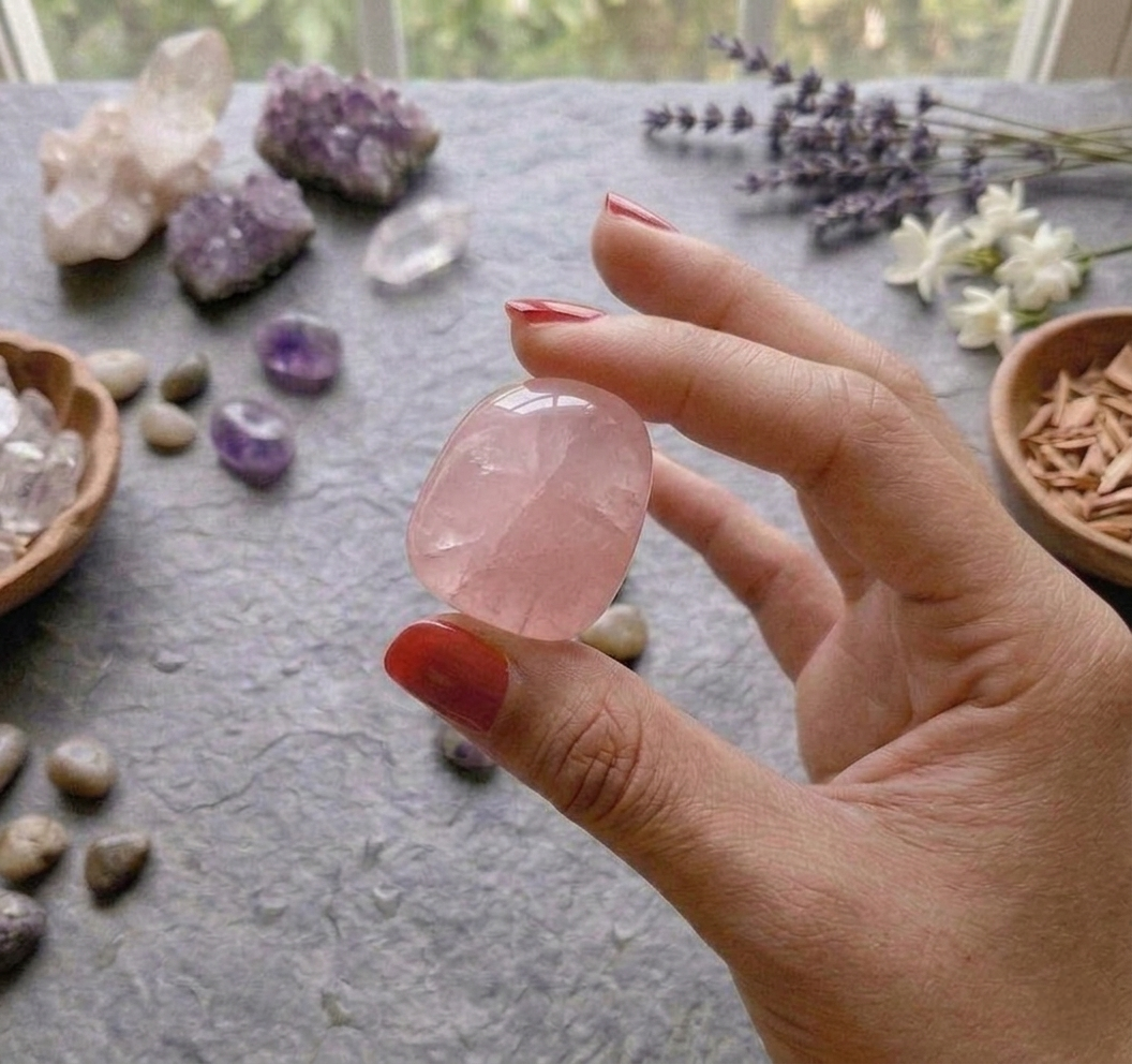 A collection of polished Rose Quartz crystal tumbles featuring a soft pink color and translucent luster.