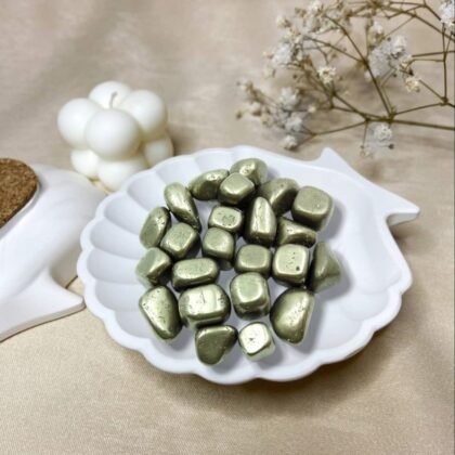 High-luster Pyrite tumble stones with a metallic gold finish for wealth and abundance.