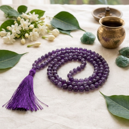 Natural best Amethyst Jaap Mala mumbai with 108 polished purple beads and a traditional violet silk tassel from lakshya gems