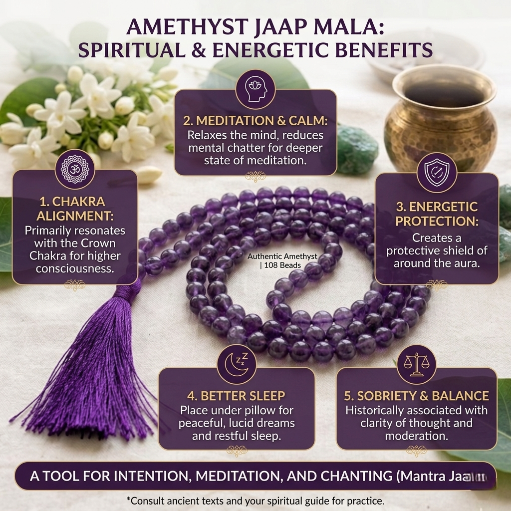 Natural best Amethyst Jaap Mala mumbai with 108 polished purple beads and a traditional violet silk tassel from lakshya gems