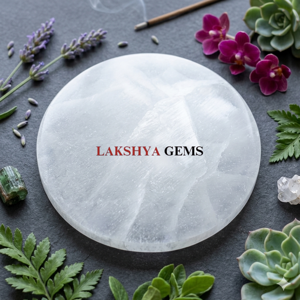 A 6-inch round polished Selenite charging plate showing a pearly white translucent surface from lakshya gems