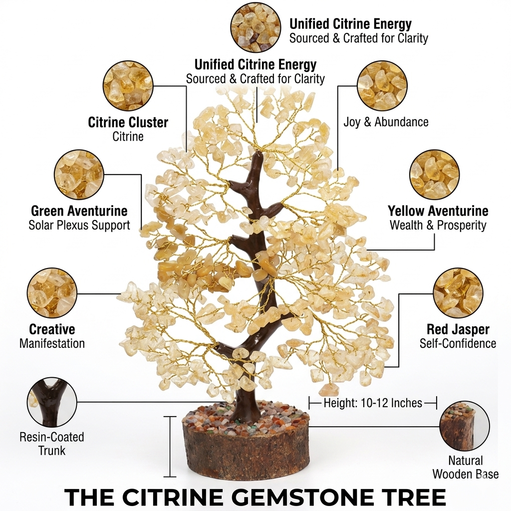 Handcrafted Citrine crystal tree with golden wire branches and vibrant yellow gemstone chips on a natural base from lakshya gems mumbai