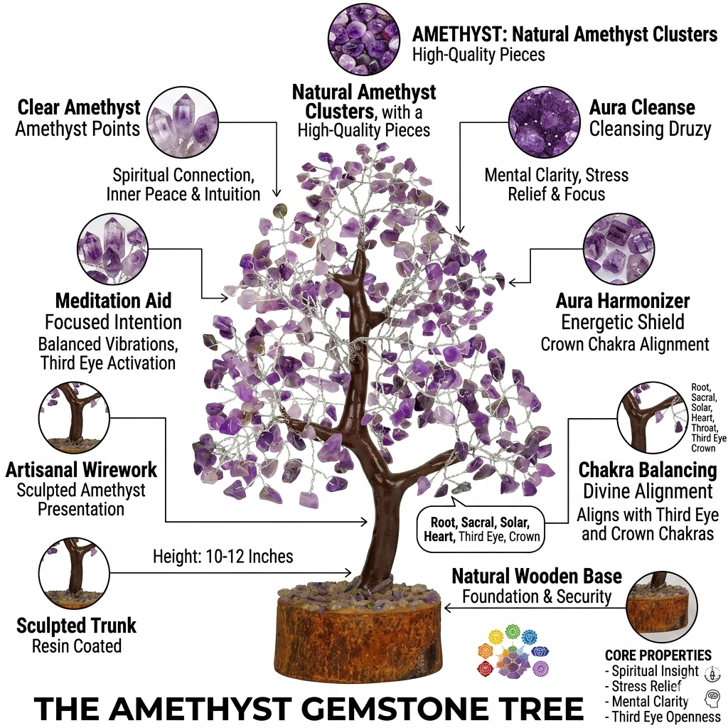 Handcrafted Amethyst crystal tree with golden wire branches and vibrant purple gemstone chips on a natural base from lakshya gems mumbai