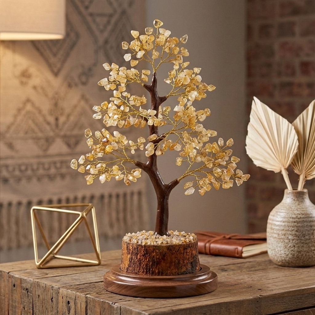 Handcrafted Citrine crystal tree with golden wire branches and vibrant yellow gemstone chips on a natural base from lakshya gems mumbai