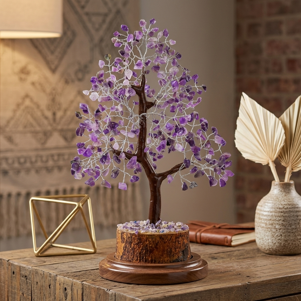 Handcrafted Amethyst crystal tree with golden wire branches and vibrant purple gemstone chips on a natural base from lakshya gems mumbai