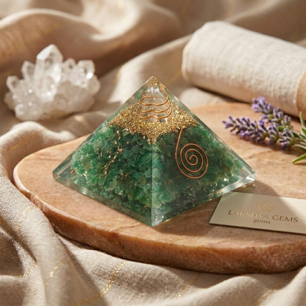Natural Green Aventurine crystal pyramid showing a vibrant green color with a subtle natural shimmer and polished finish from lakshya gems mumbai