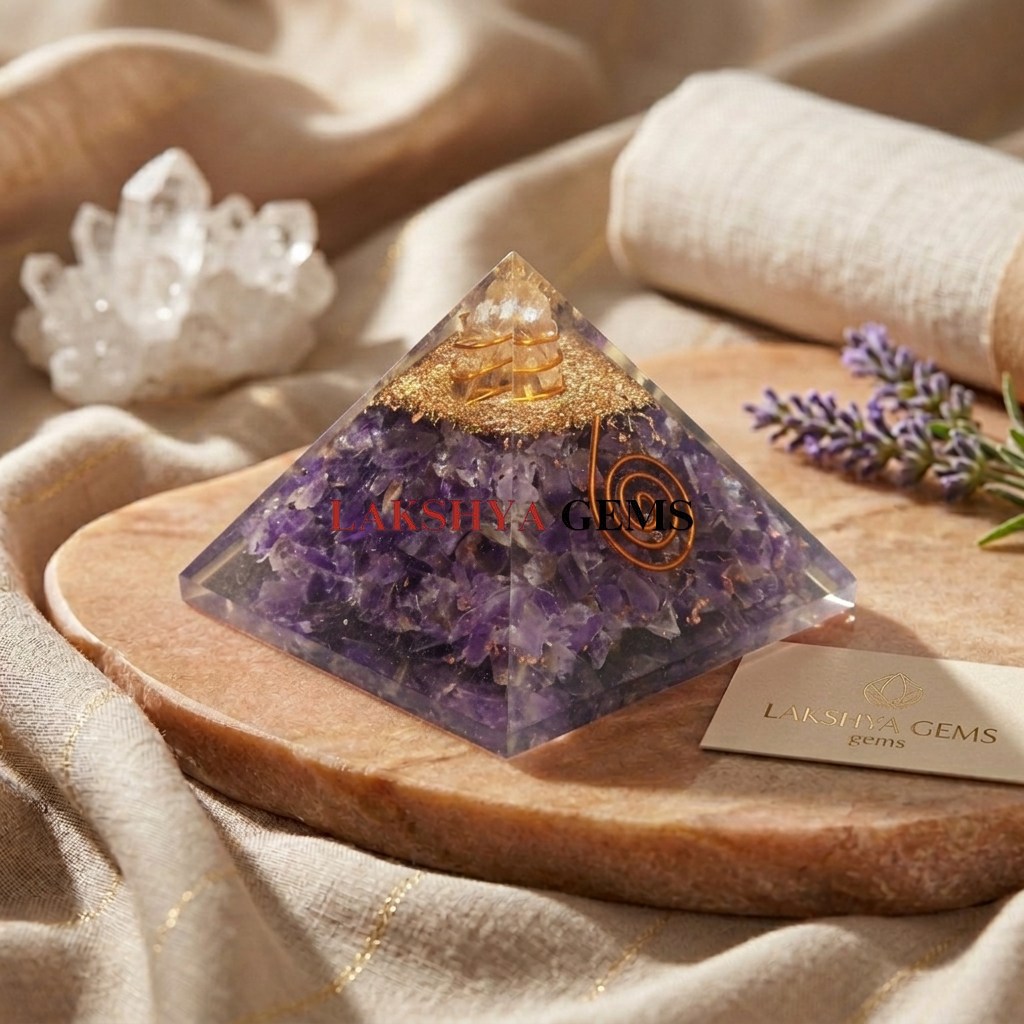 Natural Amethyst crystal pyramid featuring a deep purple color with internal crystalline veils and a polished finish from lakshya gems mumbai