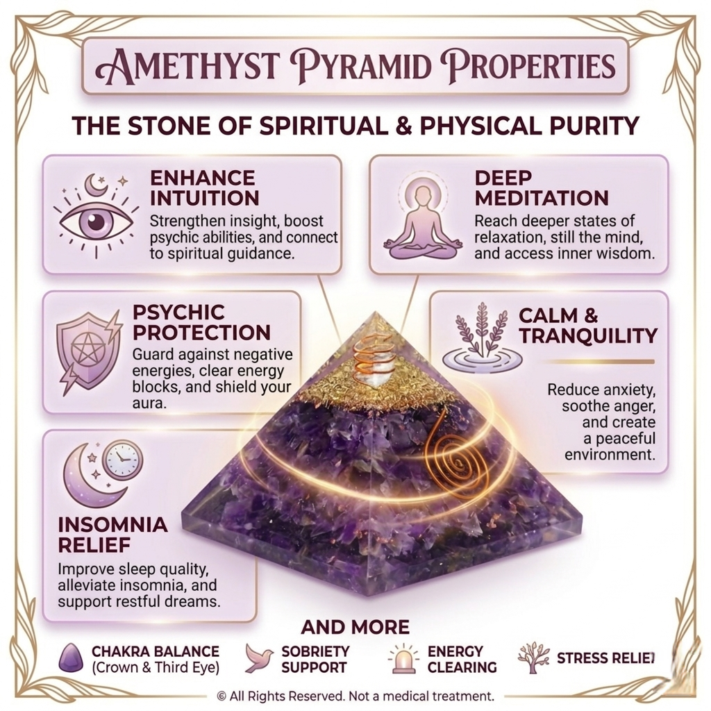 Natural Amethyst crystal pyramid featuring a deep purple color with internal crystalline veils and a polished finish.