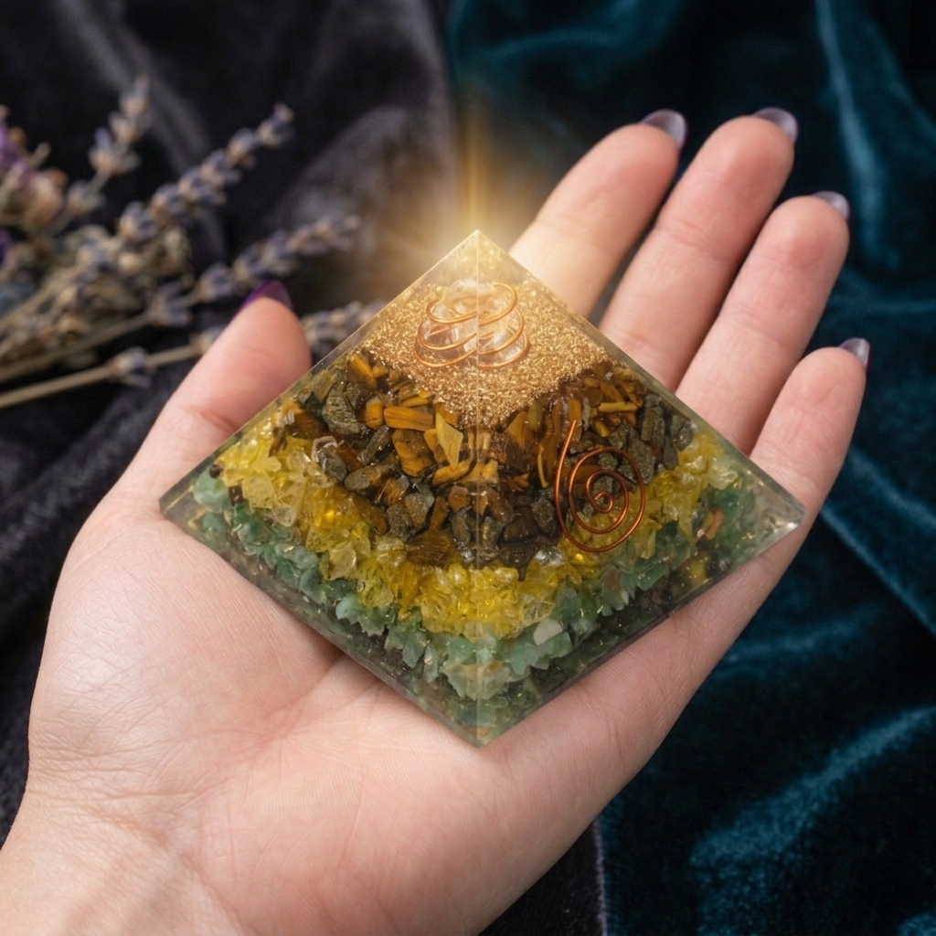 Money Magnet Orgone Pyramid with layers of Pyrite, Citrine, Green Aventurine, and Tiger Eye crystals from lakshya gems mumbai