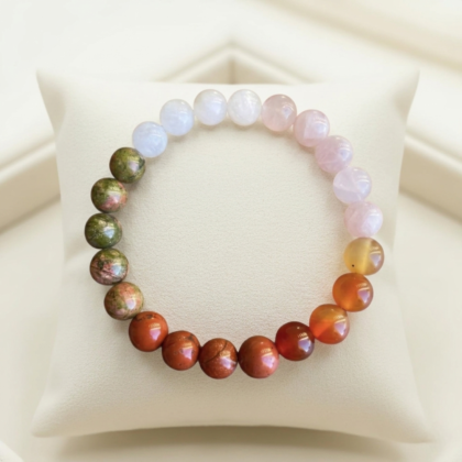 Fertility bracelet featuring iridescent Moonstone, soft pink Rose Quartz, and milky White Agate beads from lakshya gems