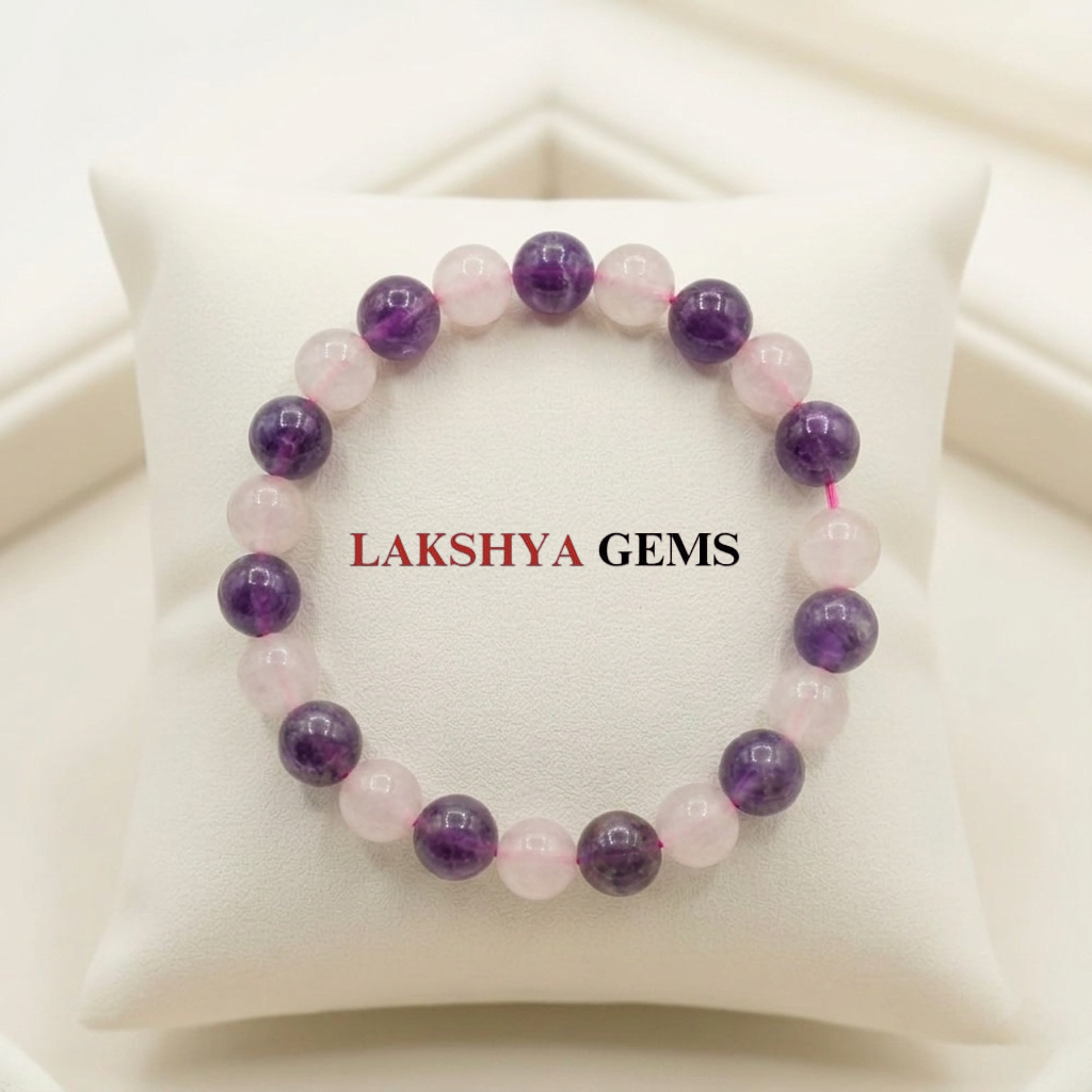 Handcrafted Inner Peace healing Bracelet featuring natural purple Amethyst and soft pink Rose Quartz beads.