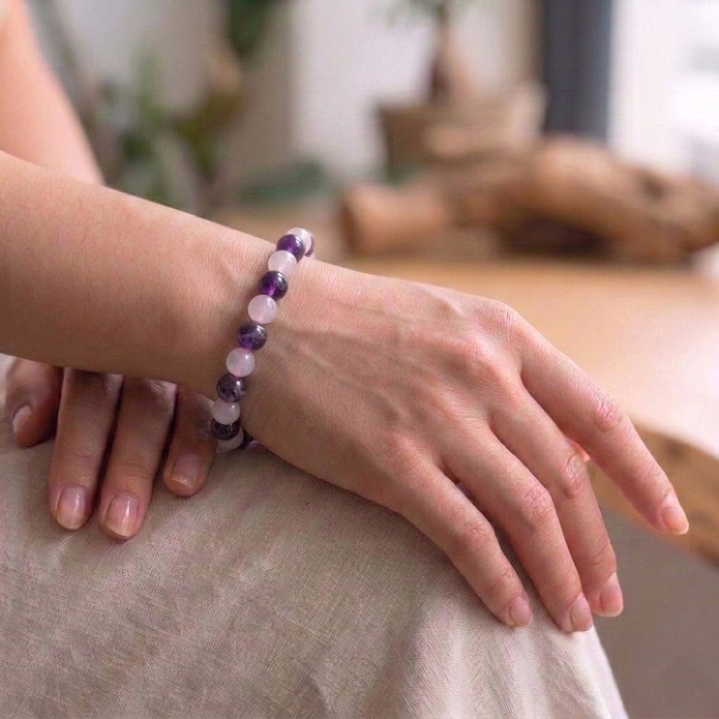 Inner Peace bracelet featuring soft lavender Amethyst and delicate blush-pink Rose Quartz beads from Lakshya Gems