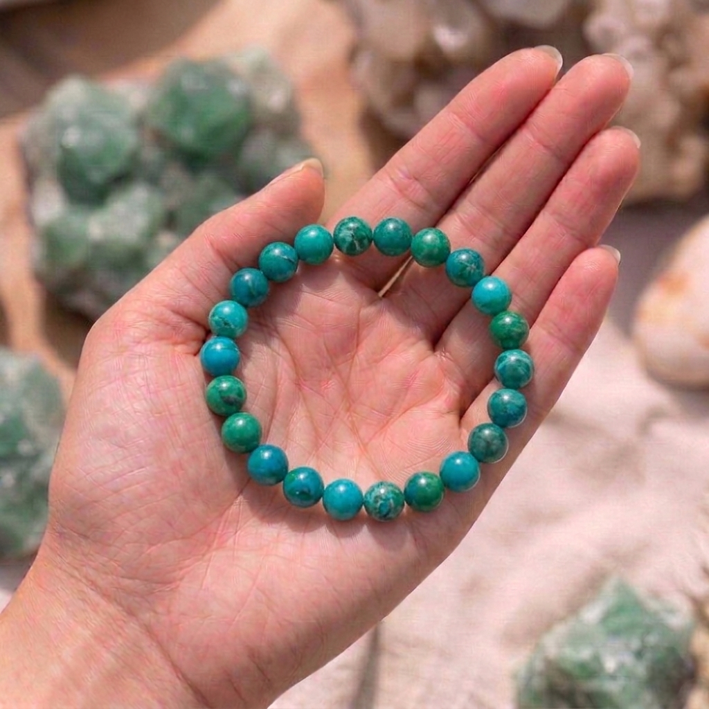 Natural Chrysocolla beaded bracelet with swirling patterns of deep forest green and vibrant turquoise blue from lakshya gems