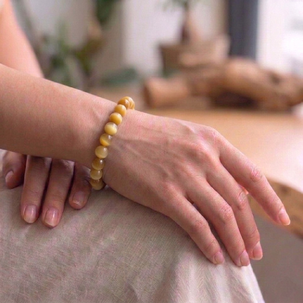 Natural Cat's Eye beaded bracelet with a sharp chatoyant band of light across each polished gemstone from lakshya gems