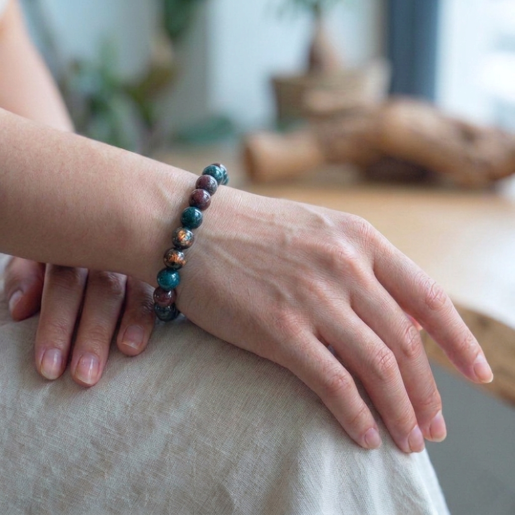 Natural Bloodstone crystal bracelet featuring polished forest-green beads with red jasper inclusions from lakshya gems