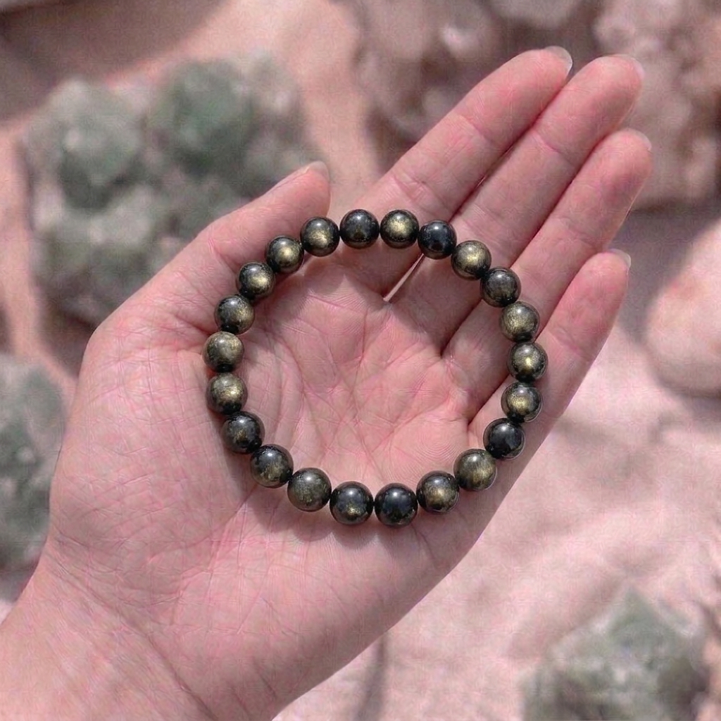 Natural Black Obsidian beaded bracelet with a high-gloss, jet-black volcanic glass finish from lakshya gems