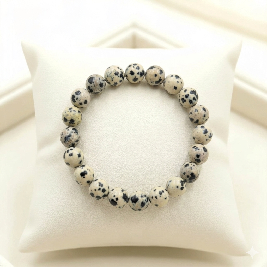 Natural Dalmatian Jasper bracelet beaded bracelet with creamy white base and distinct black spotted patterns from lakshya gems