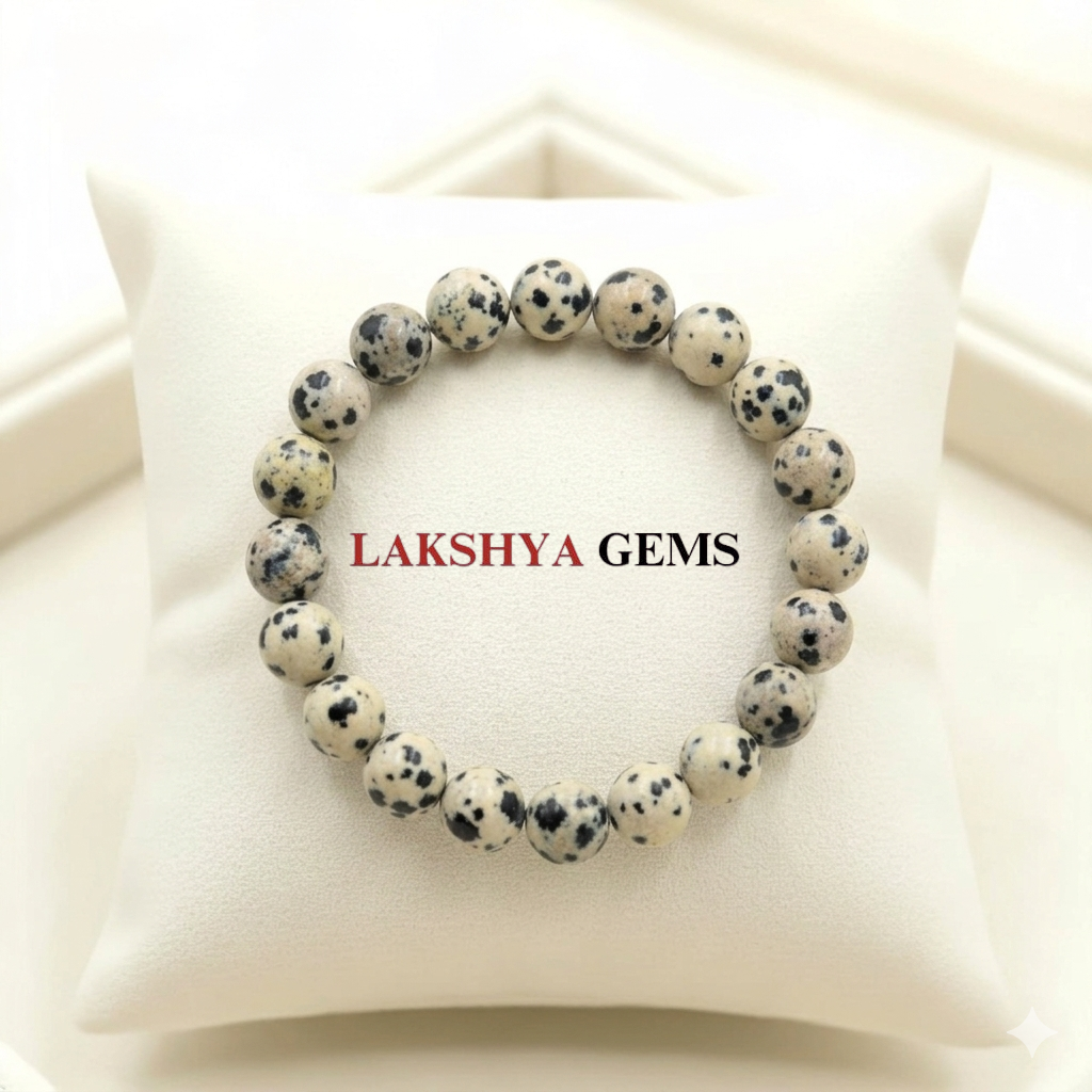 Natural Dalmatian Jasper beaded bracelet with creamy white base and distinct black spotted patterns from lakshya gems