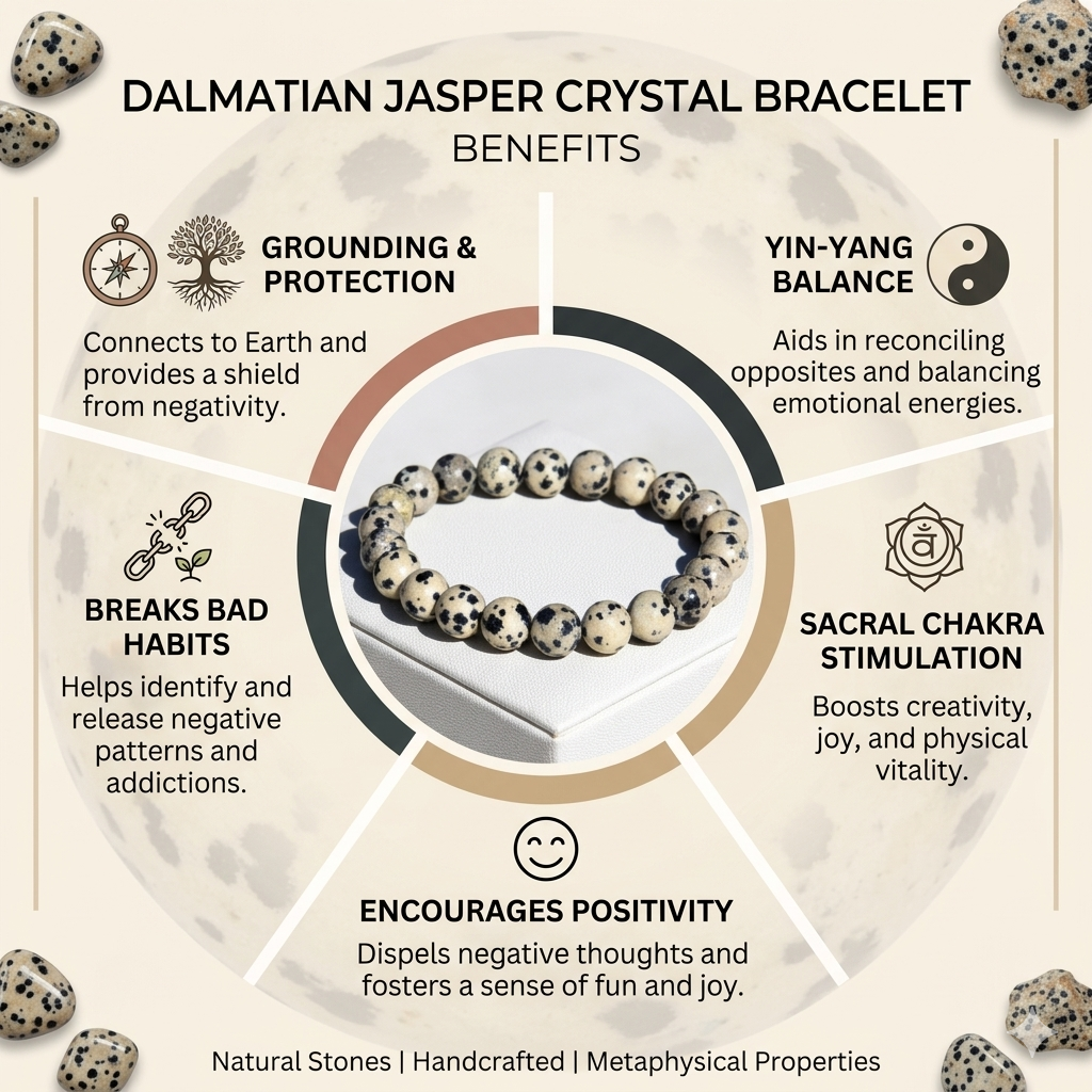Natural Dalmatian Jasper beaded bracelet featuring cream-colored stones with distinct black Tourmaline spots from lakshya gems