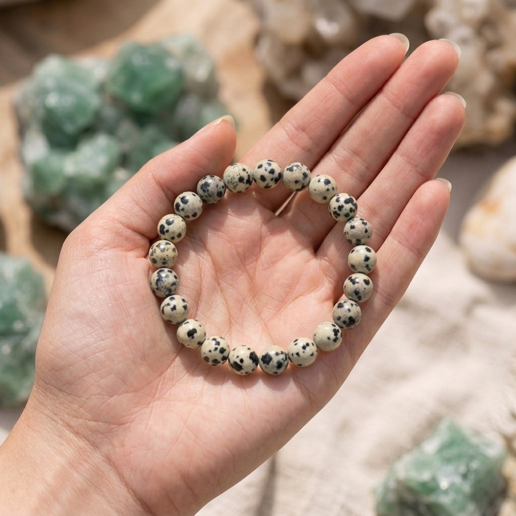 Natural Dalmatian Jasper beaded bracelet featuring cream-colored stones with distinct black Tourmaline spots from lakshya gems