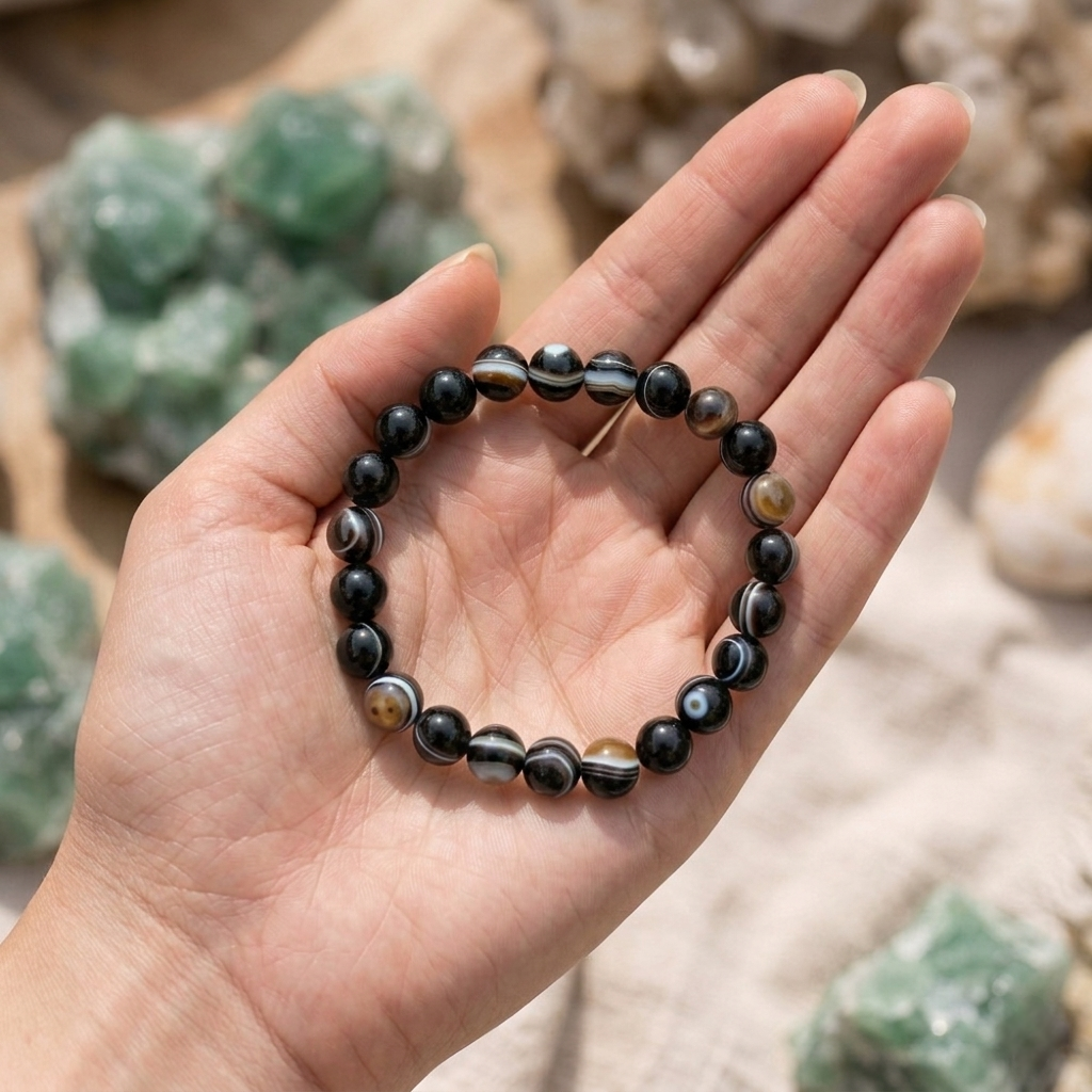 Authentic Sulemani Agate bracelet featuring naturally banded black, gray, and white gemstone beads from lakshya gems