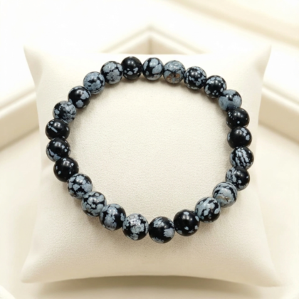 Authentic Snowflake obsidian bracelet with natural black and white cristobalite obsidian beads for root chakra grounding and emotional balance from Lakshya Gems