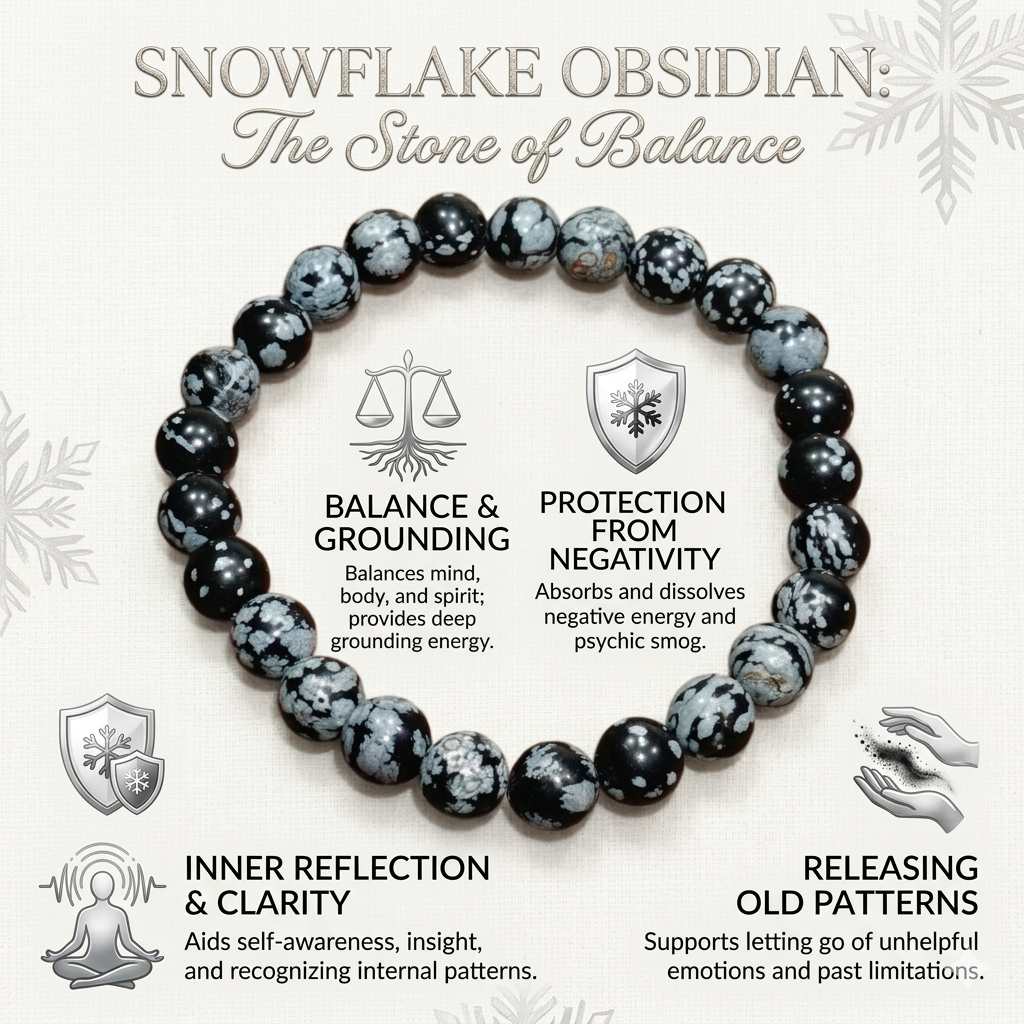 Natural Snowflake Obsidian beaded bracelet featuring black volcanic glass with white starry patterns from lakshya gems