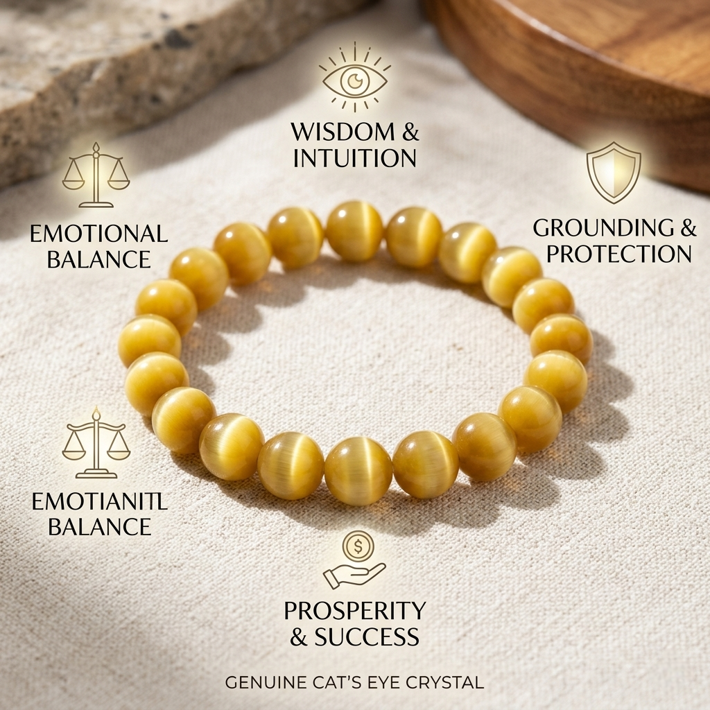 Natural Cat's Eye beaded bracelet with a sharp chatoyant band of light across each polished gemstone from lakshya gems