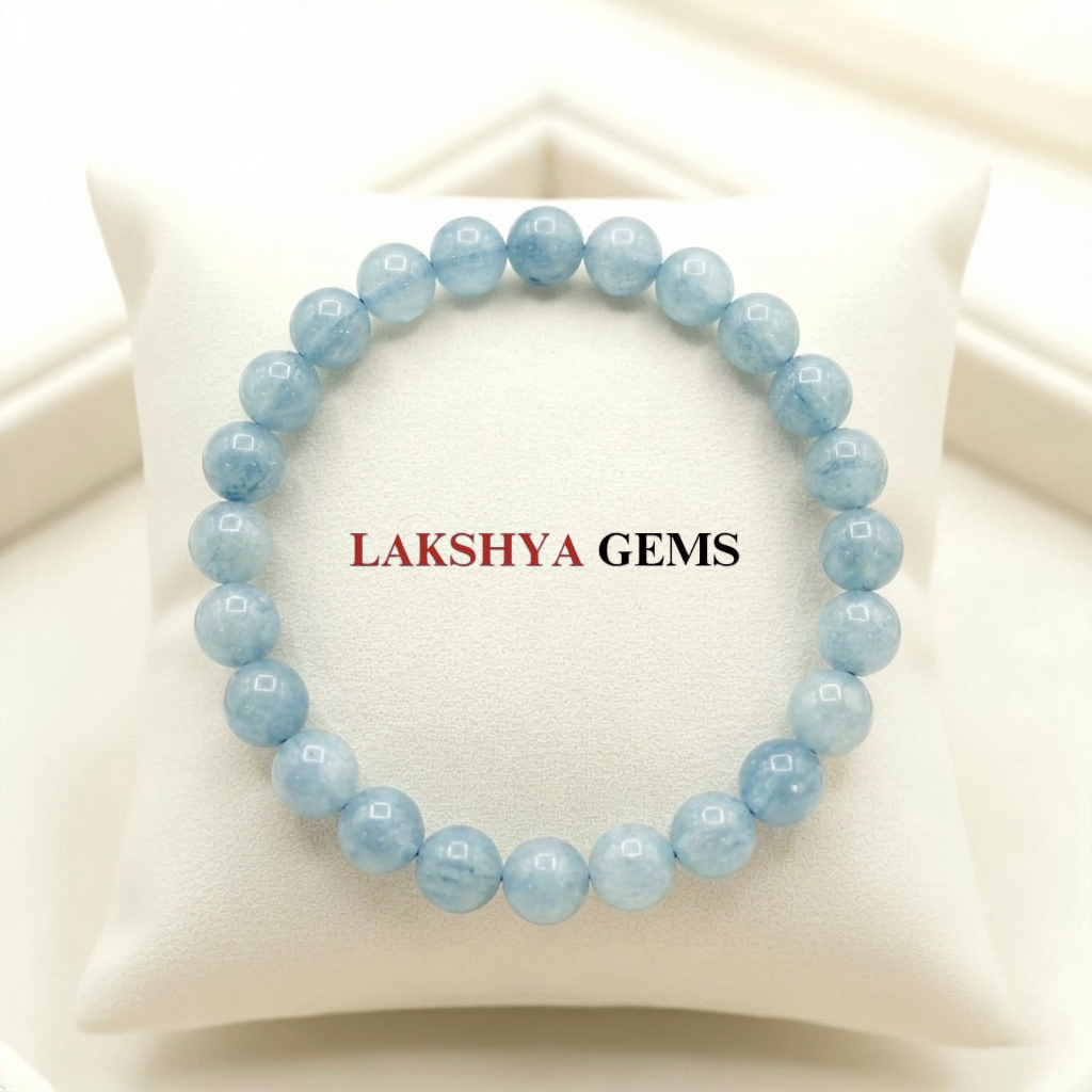 Natural Aquamarine beaded bracelet featuring translucent sea-foam blue gemstone beads lakshya gems