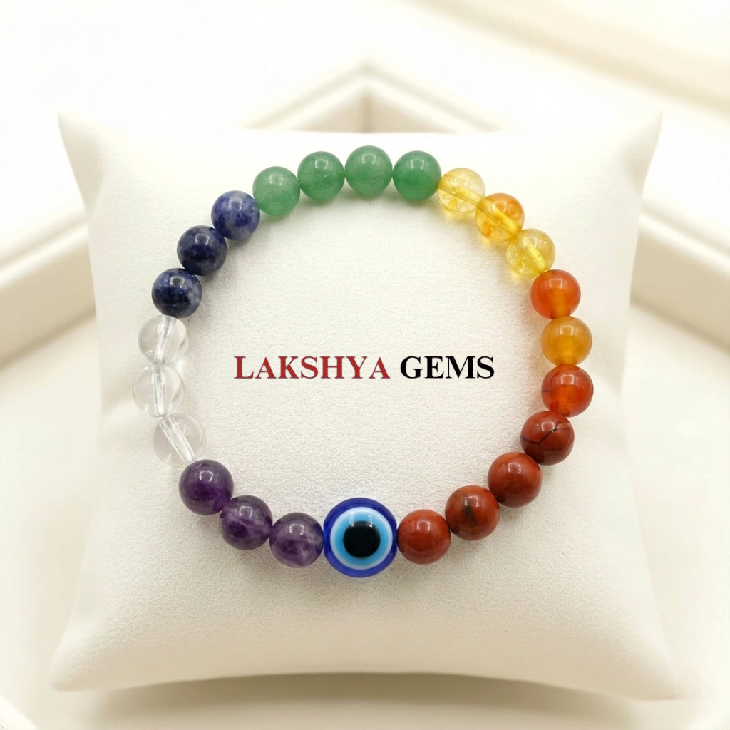 Natural 7 Chakra bracelet featuring Red Jasper, Carnelian, Citrine, Green Aventurine, Sodalite, Amethyst, and Clear Quartz lakshya gems