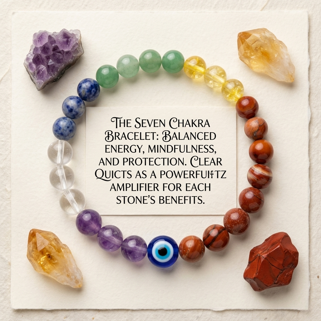 Natural Seven Chakra bracelet featuring Red Jasper, Carnelian, Citrine, Green Aventurine, Sodalite, Amethyst, and Clear Quartz