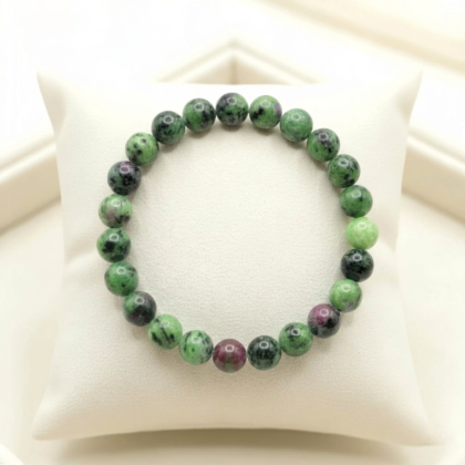 Natural RubyZoisite beaded bracelet with vibrant green and magenta-red patterns from Lakshya gems