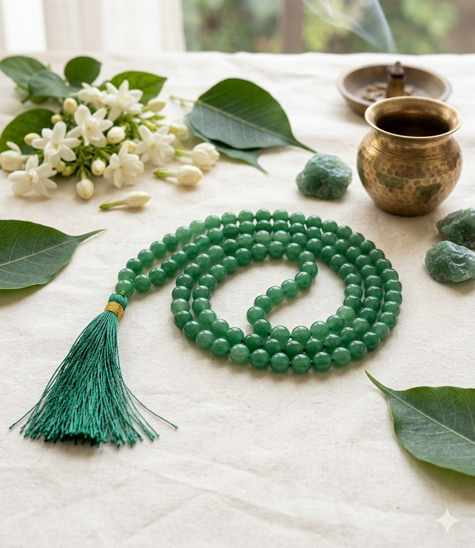 Natural Green Aventurine Jaap Mala with 108 beads and a decorative green tassel for meditation from lakshya gems