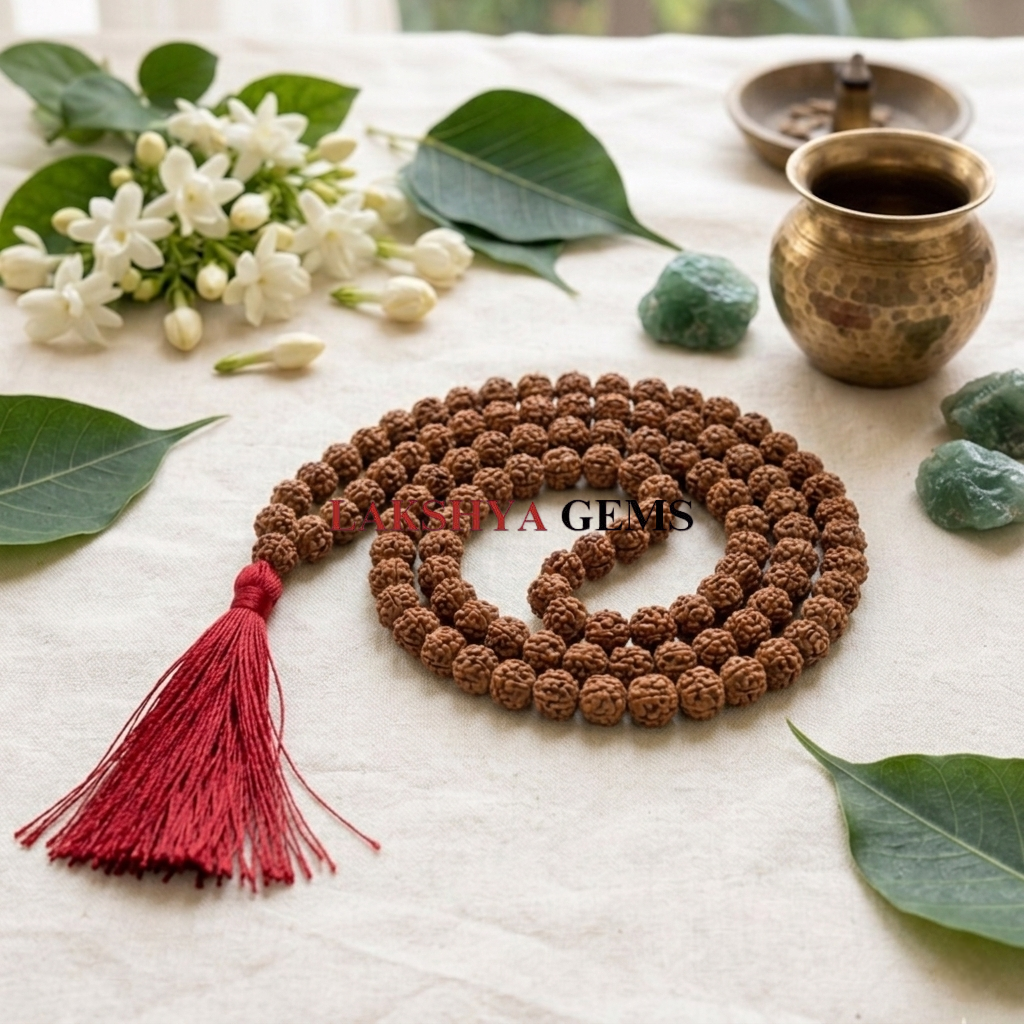 Authentic 5-Mukhi Rudraksha Jaap Mala with 108 beads and a traditional red tassel for prayer from lakshya gems