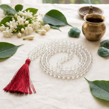 Natural Clear Quartz Sphatik Jaap Mala with 108 transparent beads and a white or silver tassel from lakshya gems