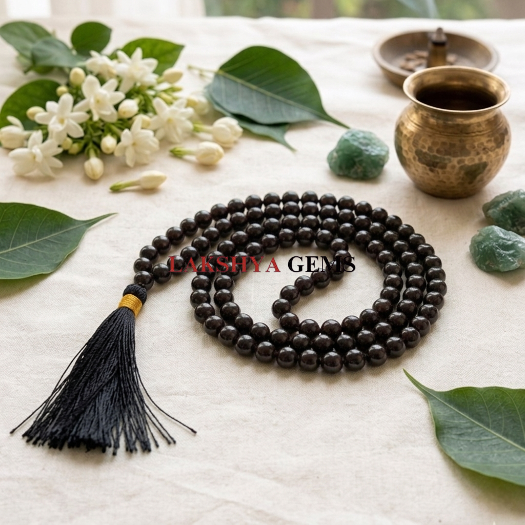 Natural Black Tourmaline Jaap Mala with 108 polished jet-black beads and a traditional black tassel from lakshya gems