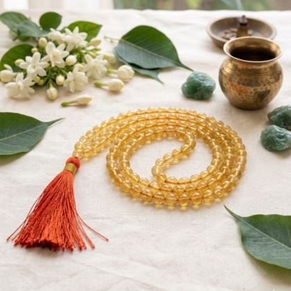 Natural Citrine Jaap Mala with 108 golden-yellow transparent beads and a yellow or gold silk tassel from lalshya gems
