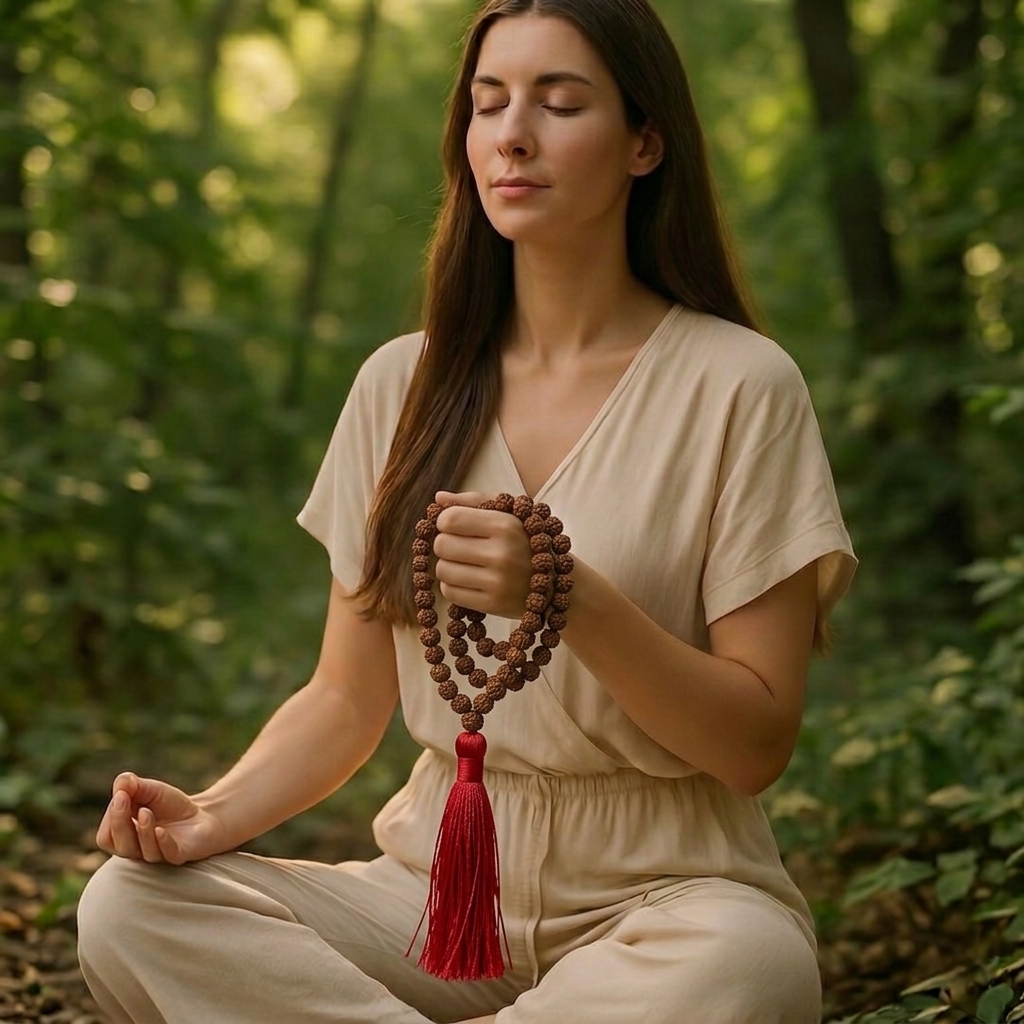 Authentic 5-Mukhi Rudraksha Jaap Mala with 108 beads and a traditional red tassel for prayer.