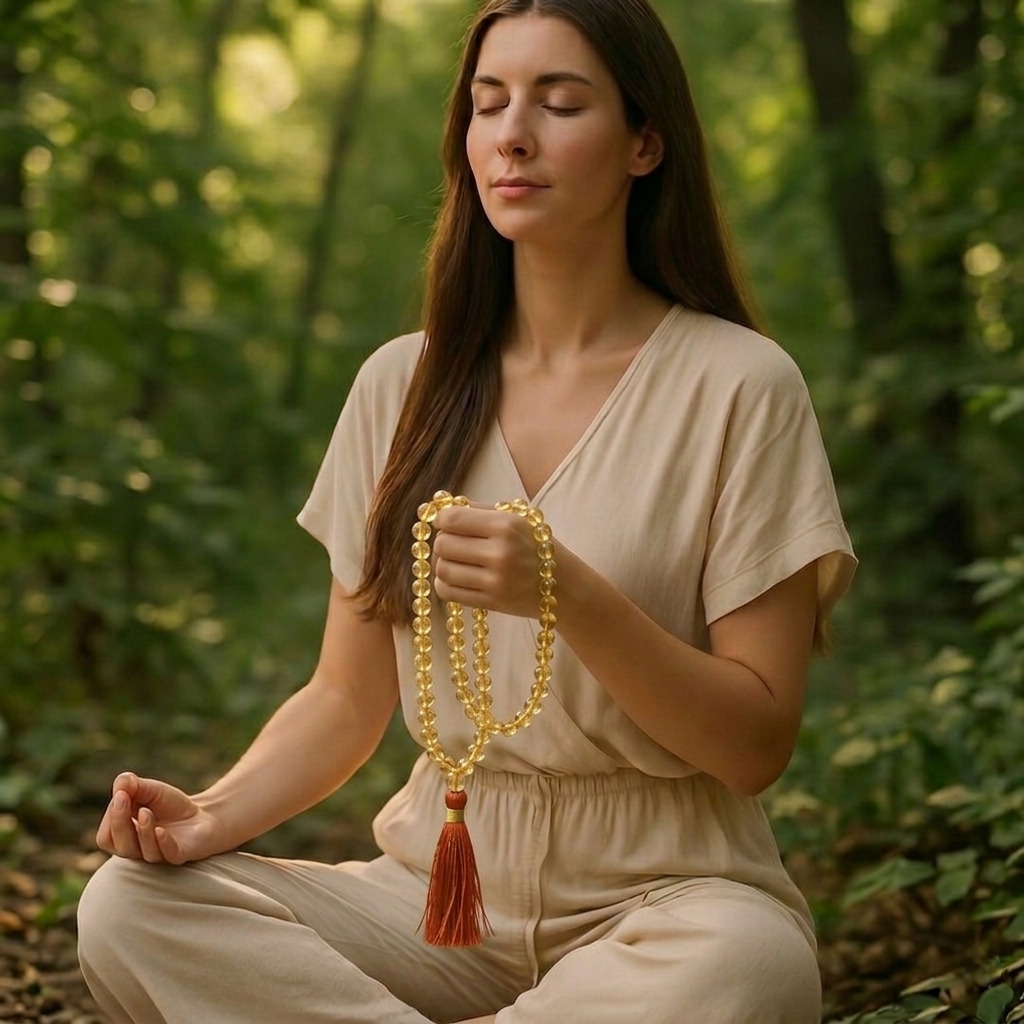 Natural Citrine Jaap Mala with 108 golden-yellow transparent beads and a yellow or gold silk tassel from lakshya gems