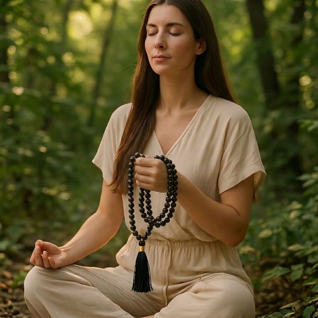 Natural Black Tourmaline Jaap Mala with 108 polished jet-black beads and a traditional black tassel from lakshya gems